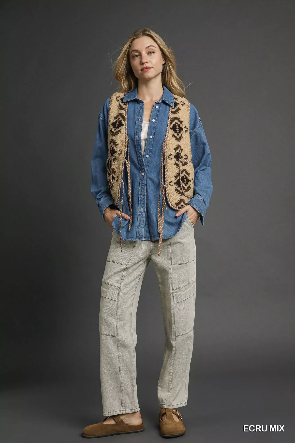 Umgee Mix Patterned Sherpa Tie-Front Vest - Lilixa.store