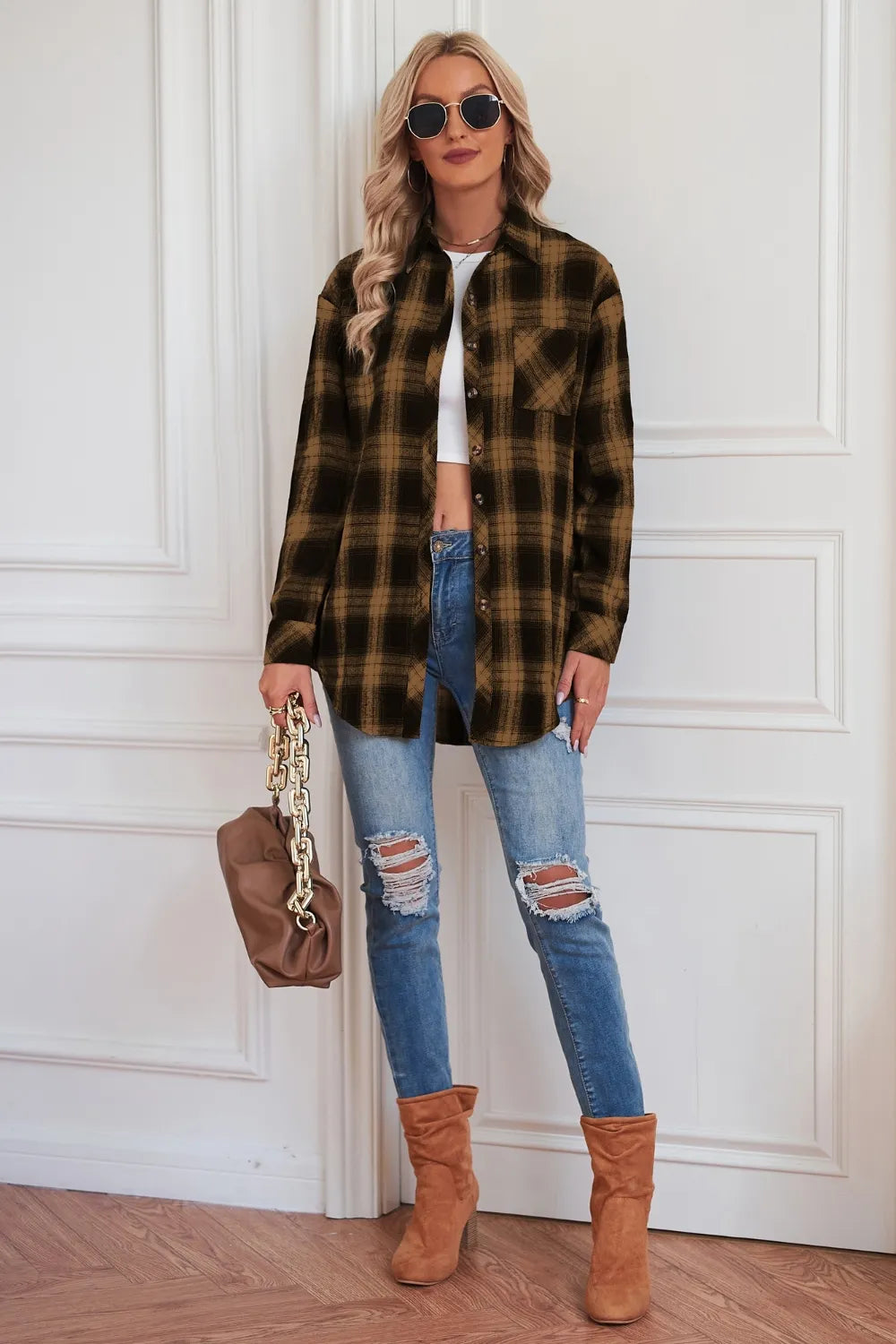 Plaid Button Up Dropped Shoulder Outerwear - Lilixa.store