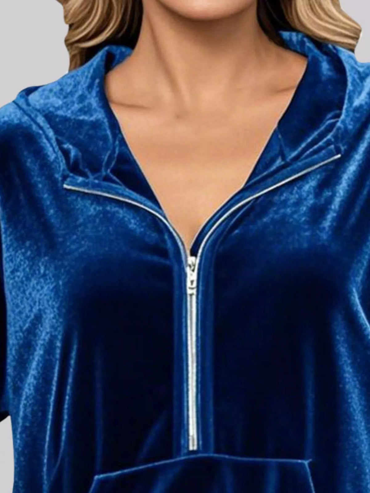 Full Size Velvet Half Zip Hoodie with Kangaroo Pocket Plus Size - Lilixa.store