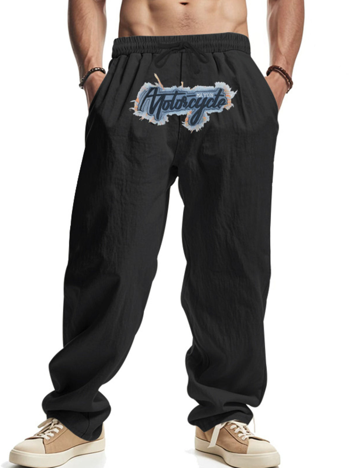 Men's Full Size Drawstring Letter Casual Pants Plus Size in Black
