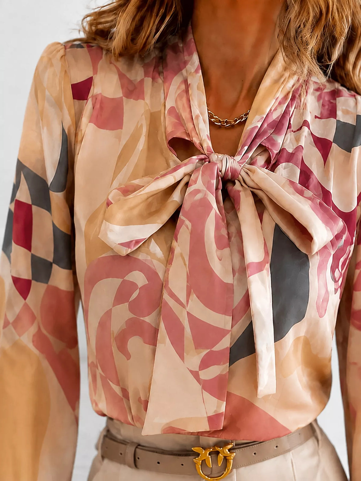 Printed Bow-Tie Neck Long Sleeve Blouse