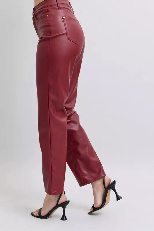 Judy Blue Full Size High Waist Tummy Control Faux Leather Straight Pants Plus Size - Lilixa.store