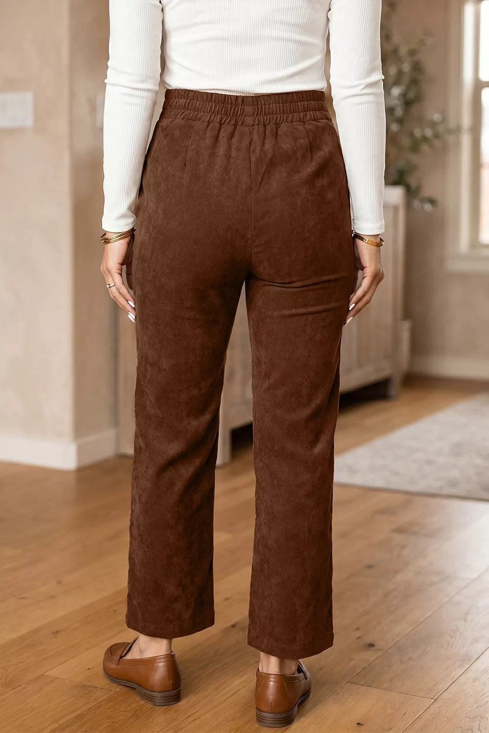 Elastic Waist Straight Leg Ankle Length Corduroy Pants