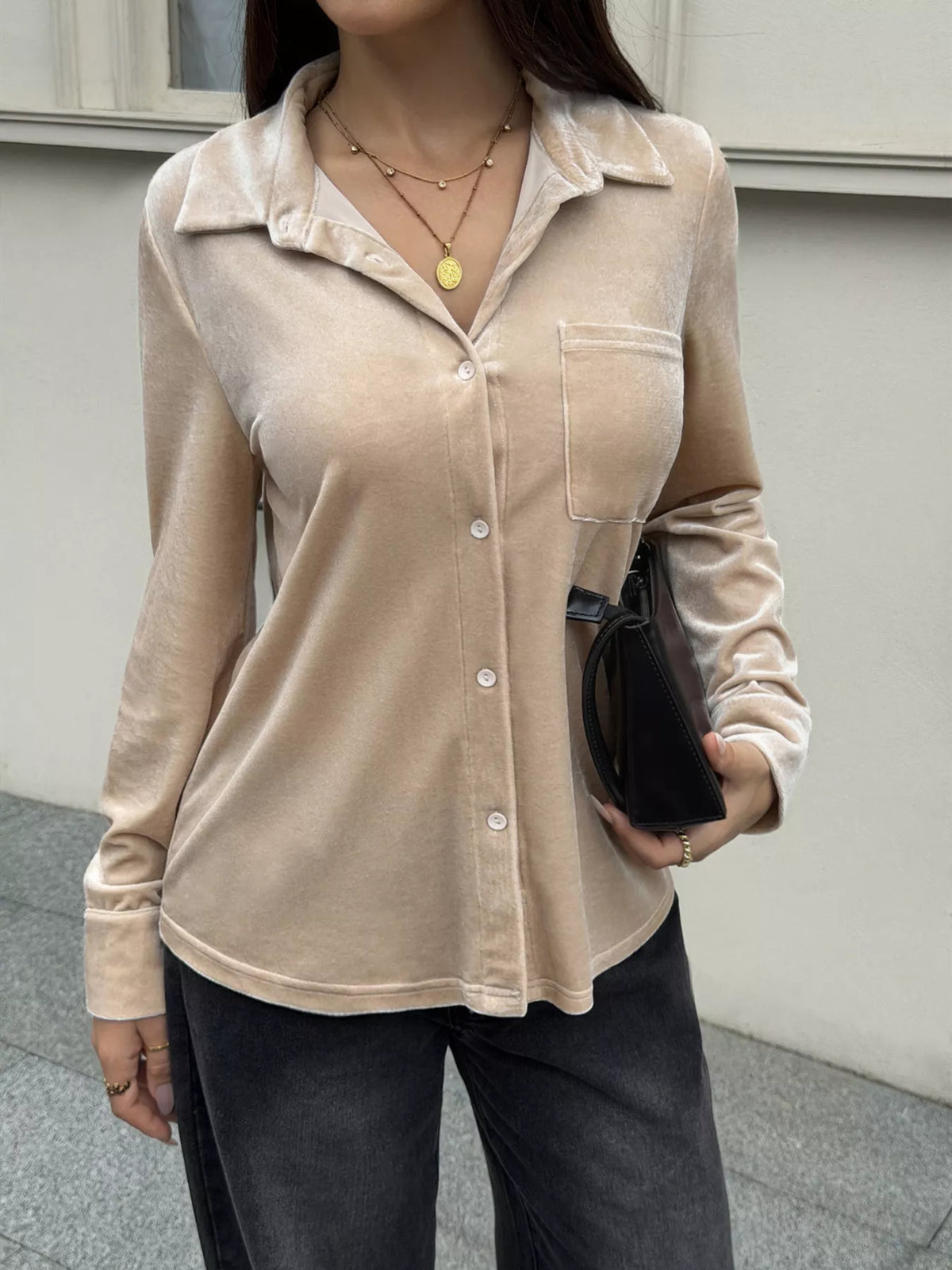 Velvet Button-Down Shirt with Chest Pocket - Lilixa.store