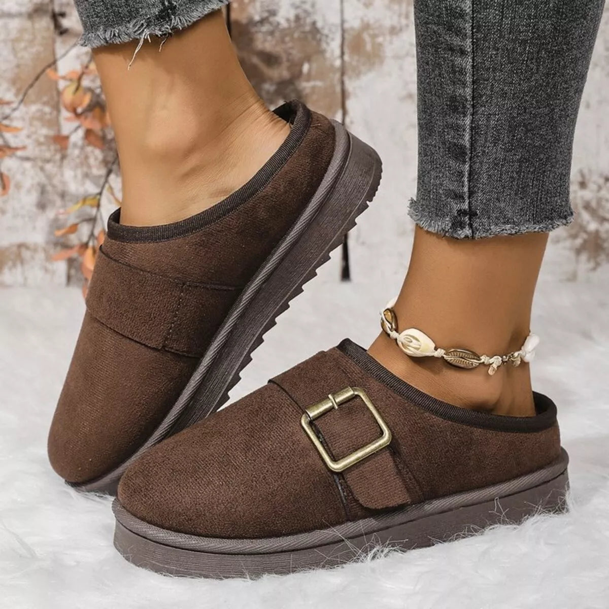 Buckle Decor Plush Lined Warm Slippers - Lilixa.store