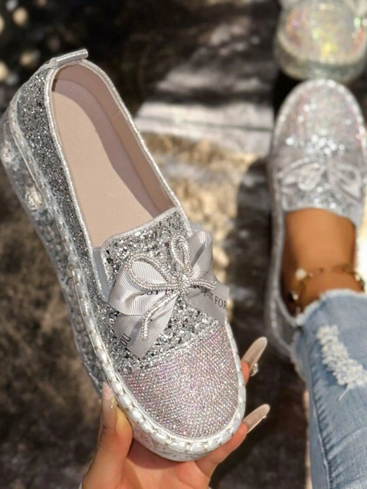 Rhinestone Bow Round Toe Slip-Ons in Silver