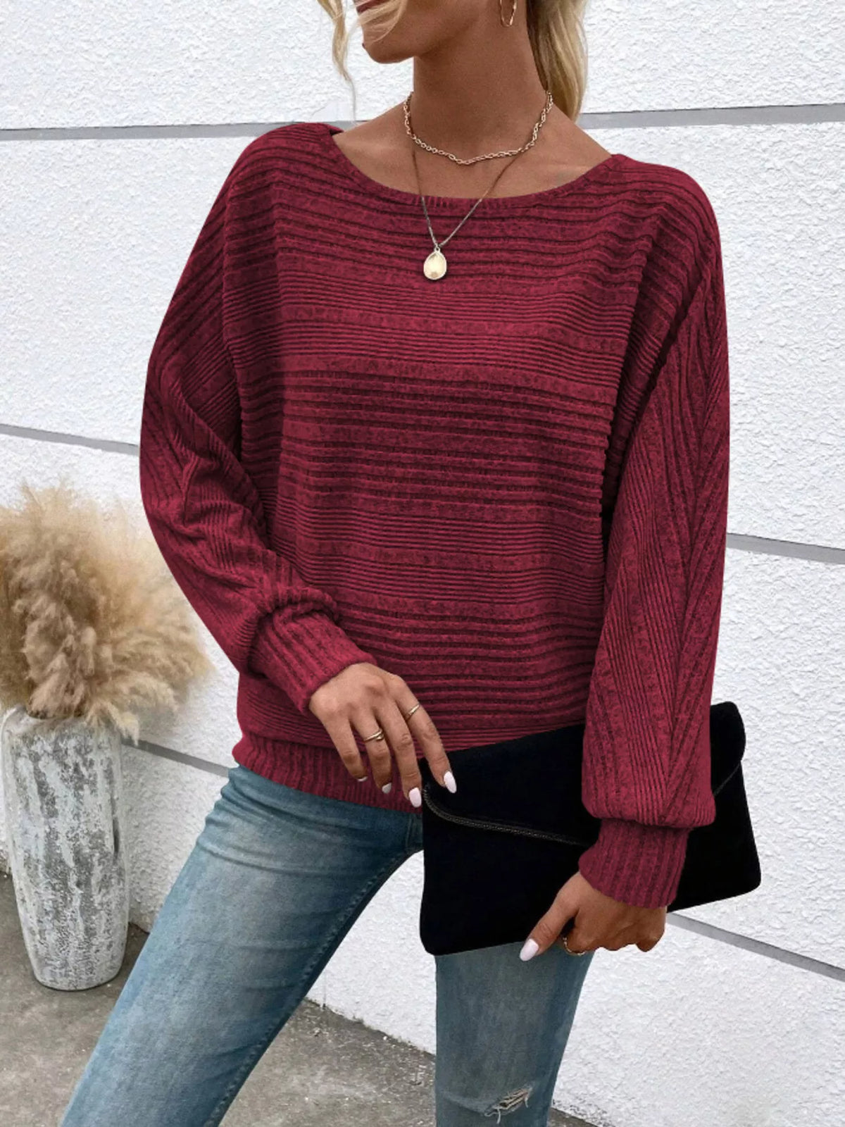 Ribbed Round Neck Long Sleeve Top - Lilixa.store