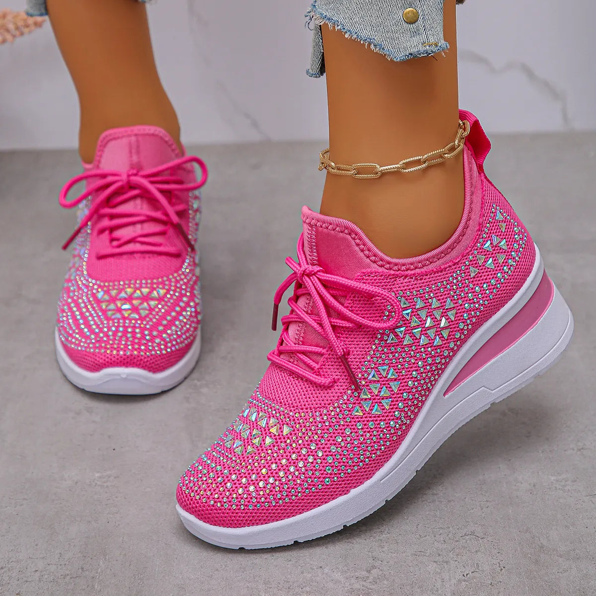 Breathable Mesh Rhinestone Wedge Athletic Sneakers - Lilixa.store