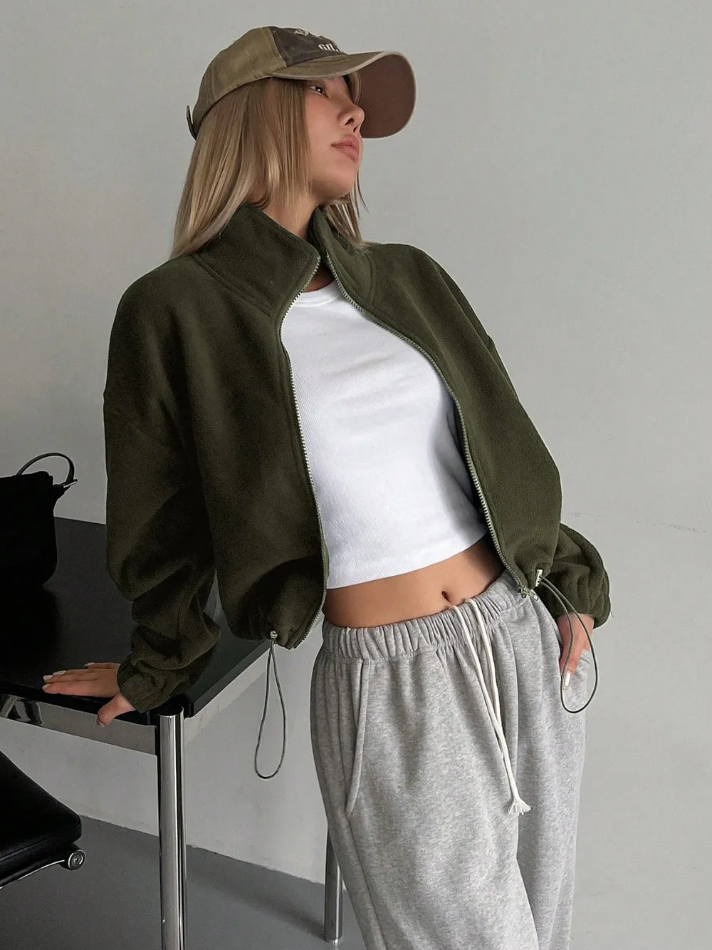 Honey Zip Up Long Sleeve Cropped Jacket in Army Green, view 4