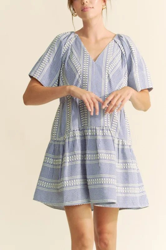 Davi & Dani Embroidered Stripe Ruffled Gingham Mini Dress - Lilixa.store