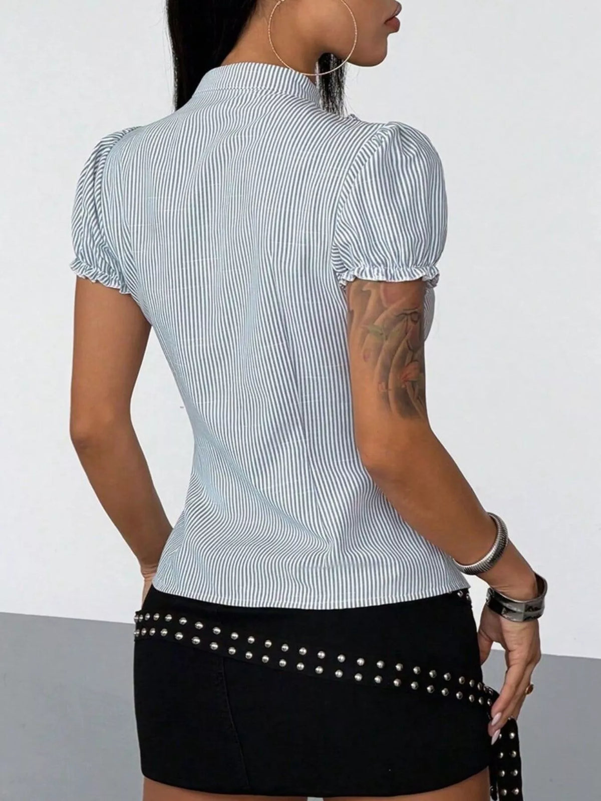 Frill Striped Short Sleeve Shirt in Gray, view 5