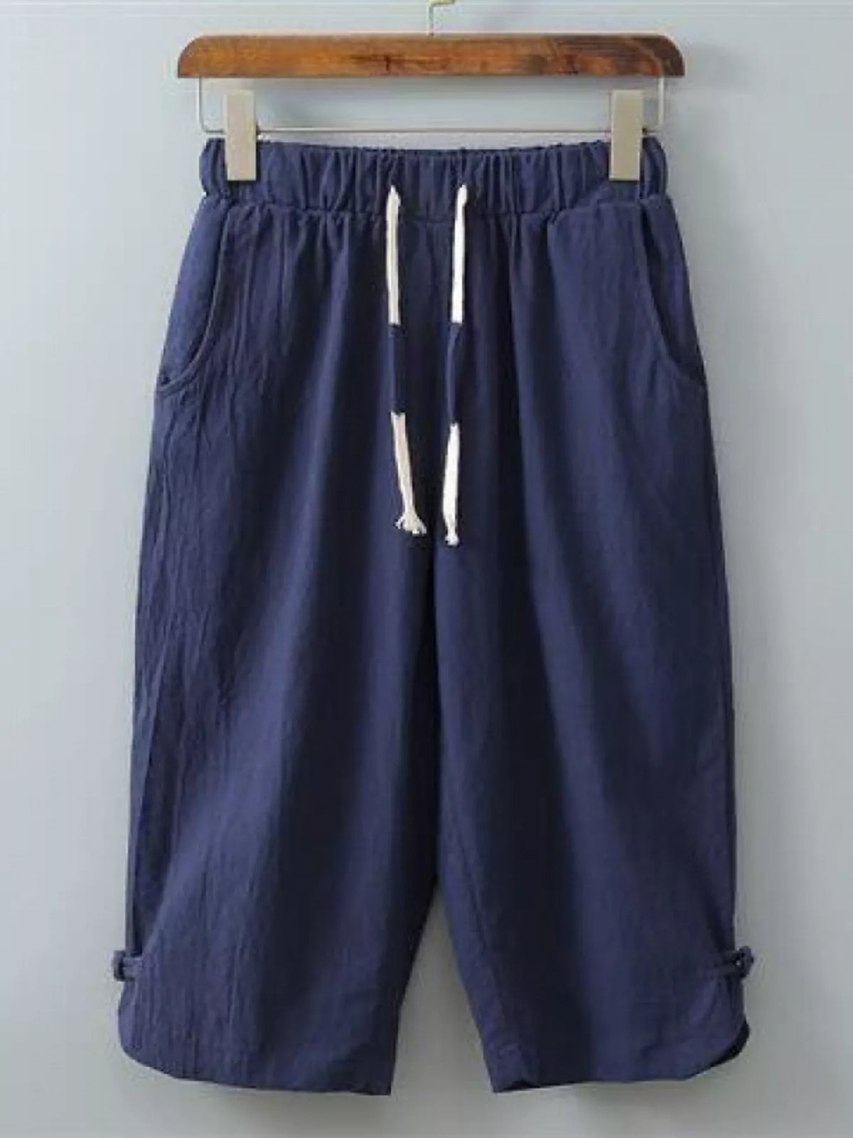 Men's Plus Size Casual Cropped Pants with Drawstring in Navy Blue