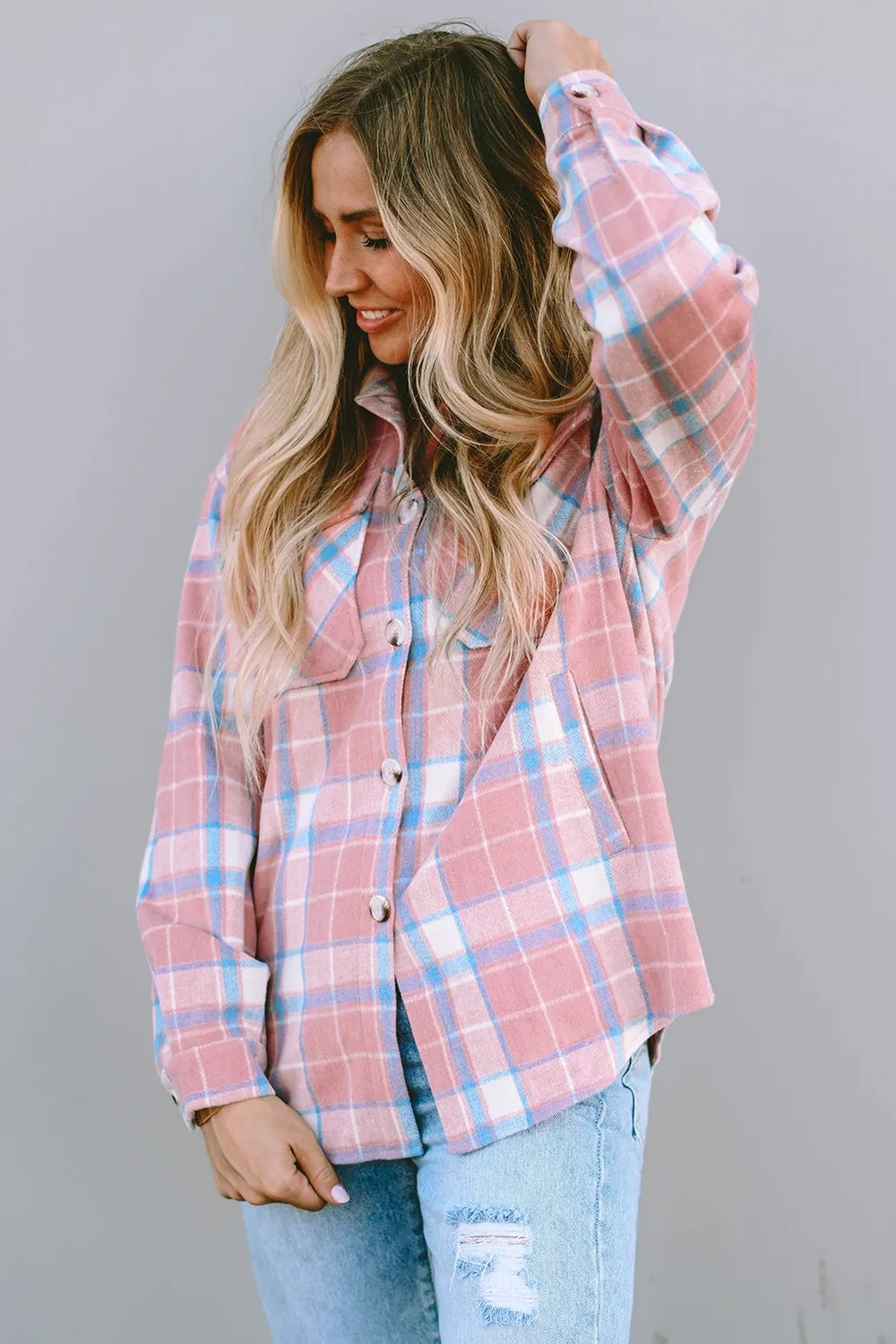 Plaid Pocketed Collared Neck Button Up Jacket in Blush Pink, view 4
