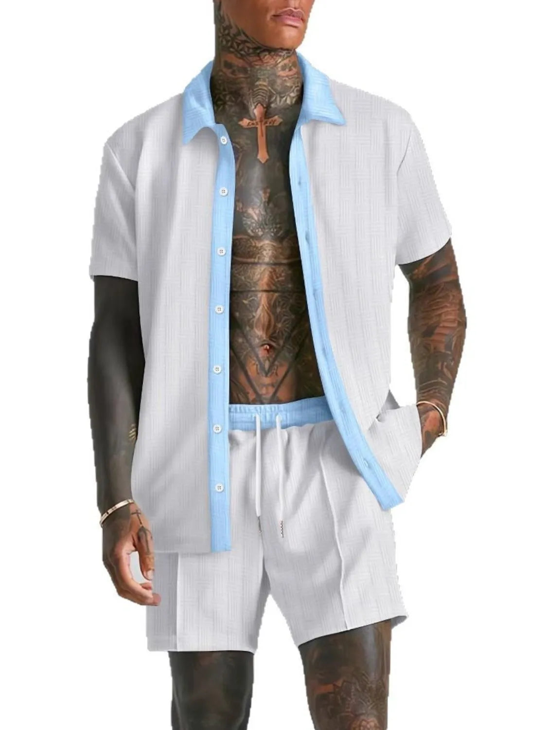 Men's Full Size Collared Neck Short Sleeve Top and Shorts Set Plus Size