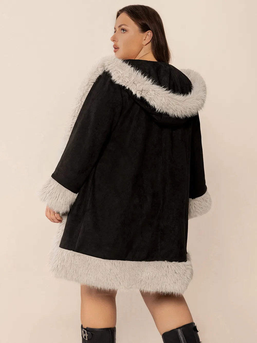 Plus Size Fuzzy Trim Open Front Long Sleeve Hooded Coat in Black, view 2