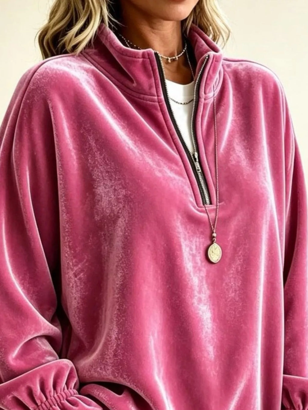 Velvet Quarter-Zip Sweatshirt with Ruffled Cuffs - Lilixa.store