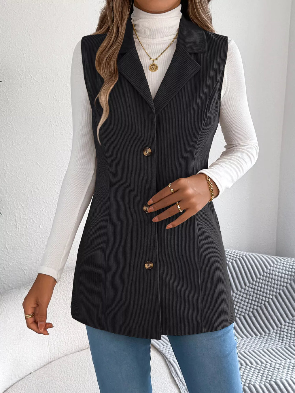 Button-Front Longline Vest Coat - Lilixa.store