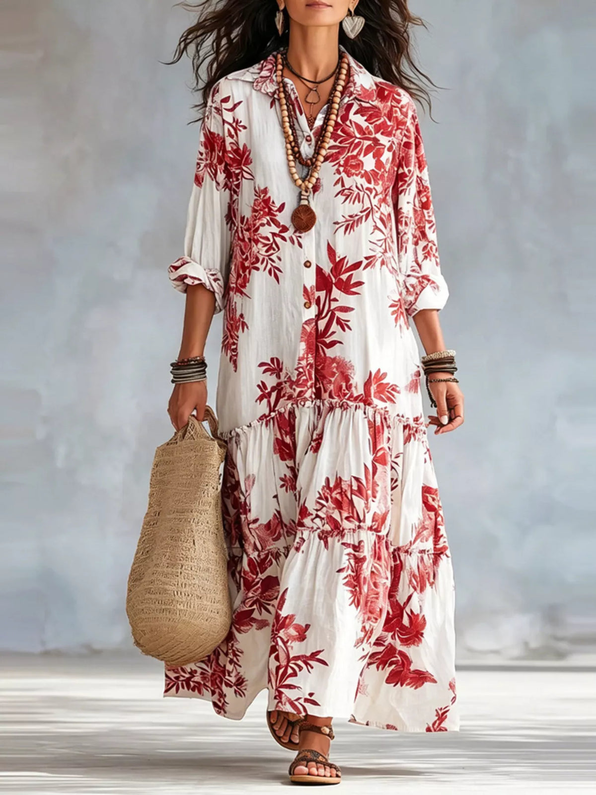 Printed Button Front Maxi Dress