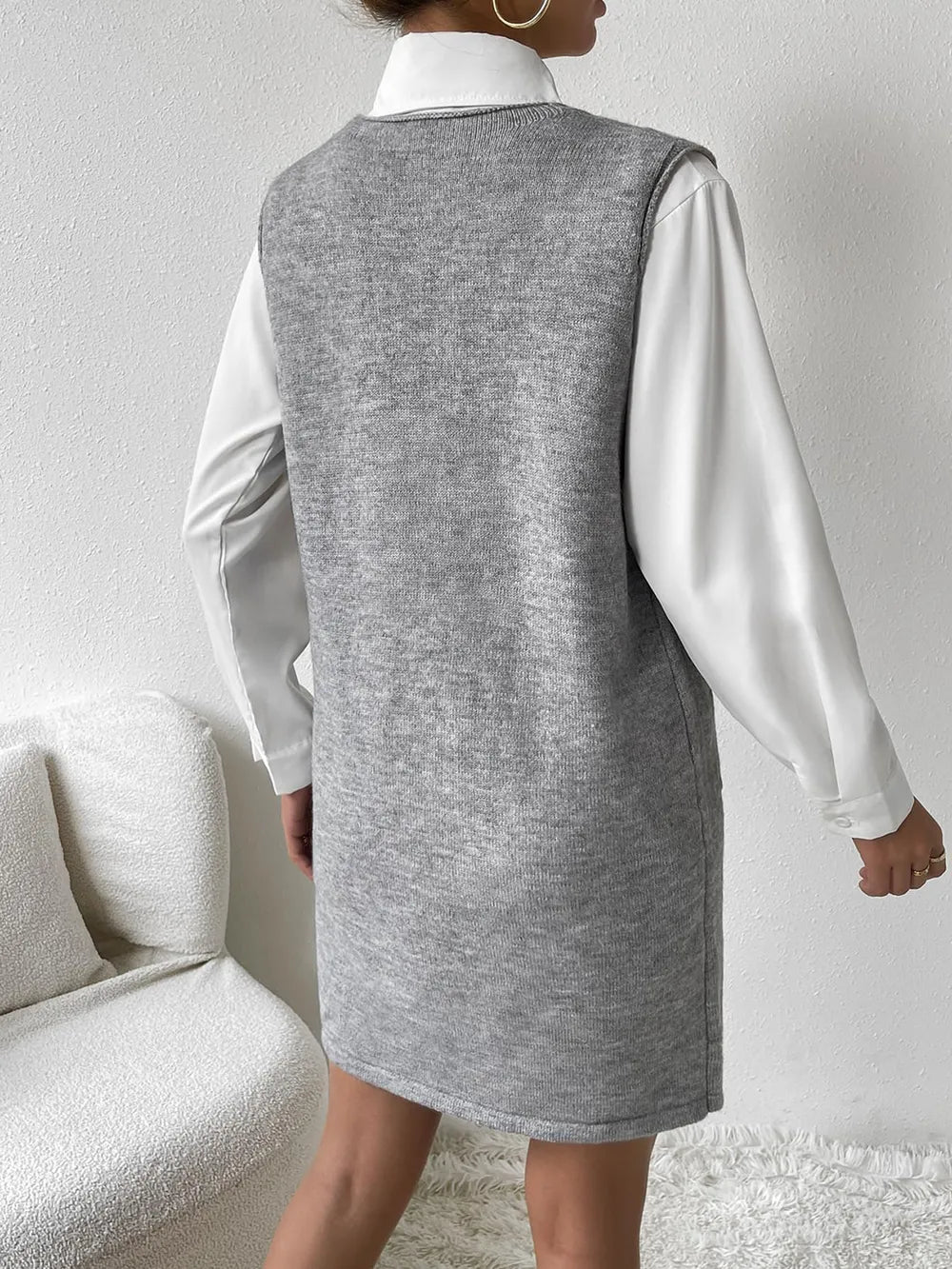 V-Neck Sleeveless Sweater Dress with Pockets, view 3