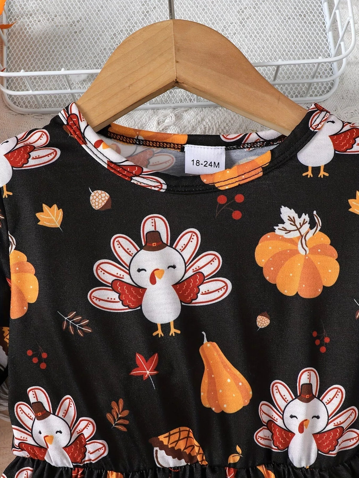 Children's Thanksgiving Turkey Print Ruffle Hem Long Sleeve Dress in Black, view 3
