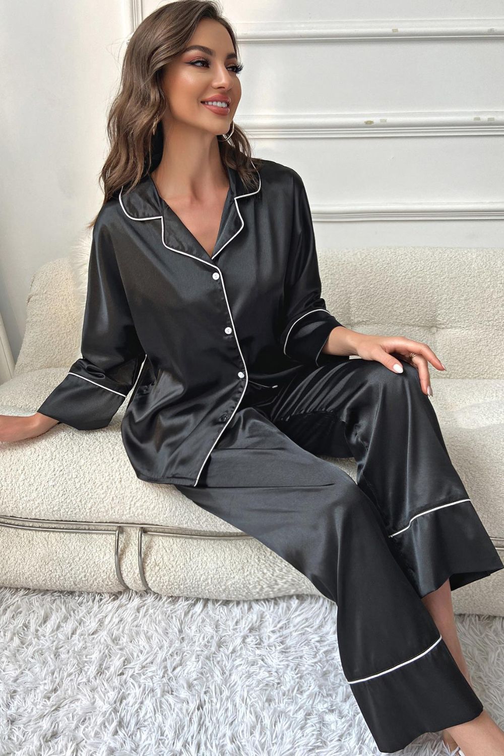 Contrast Piping Button-Up Top and Pants Pajama Set - Lilixa.store