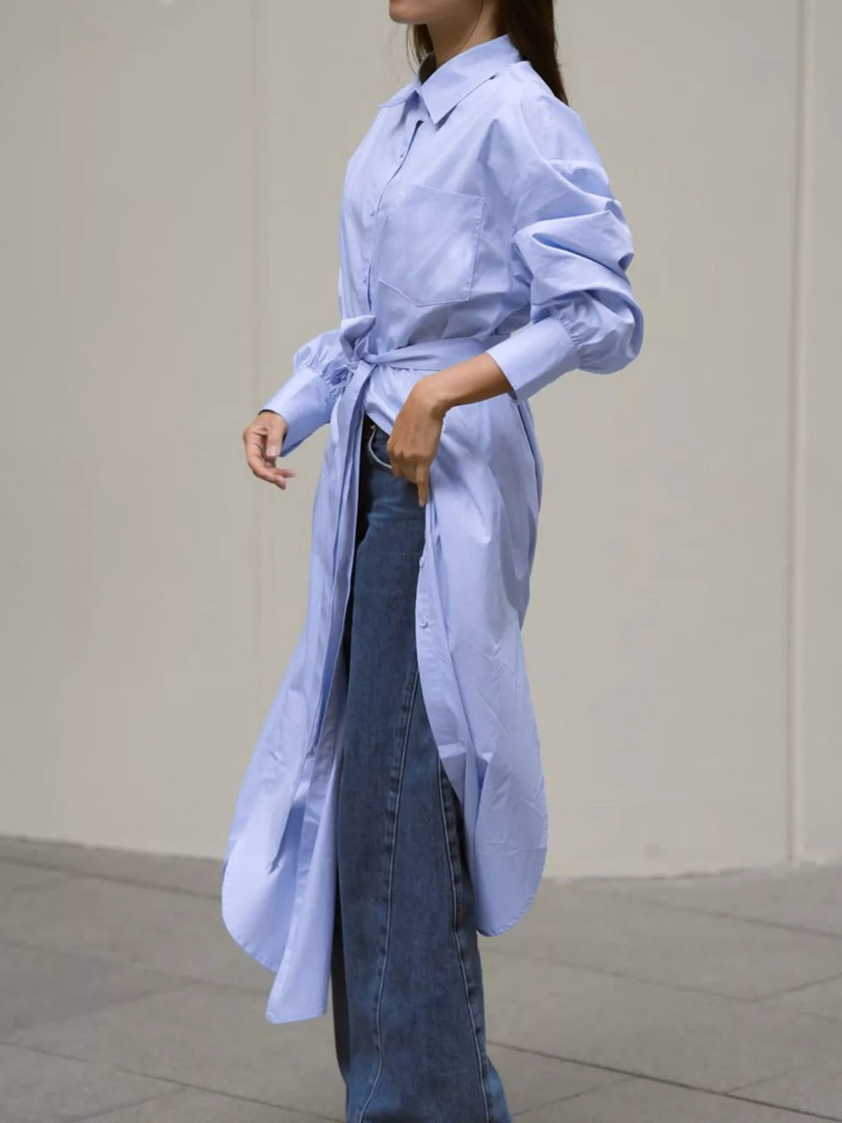 Longline Button-Down Shirt in Blue, view 4