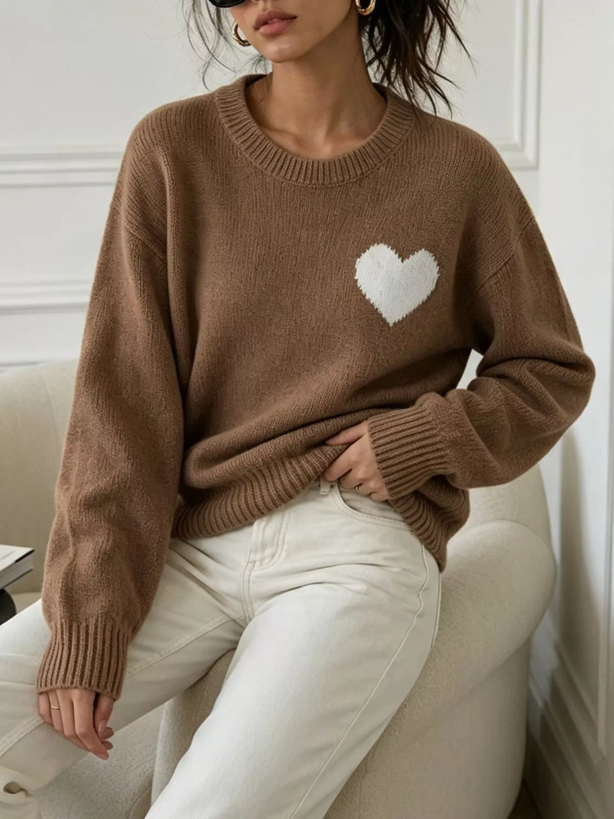 Heart Pattern Round Neck Sweater