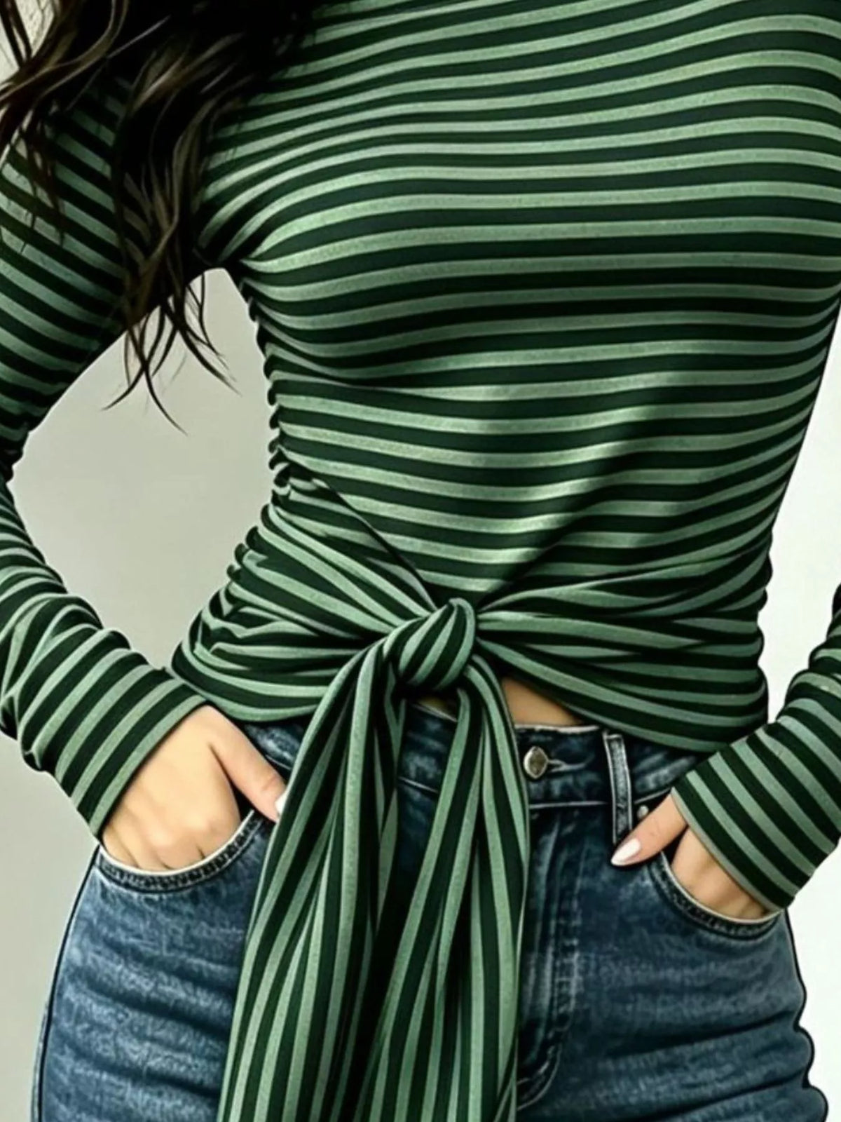Long Sleeve Striped T-Shirt with Front Tie Detail, view 8