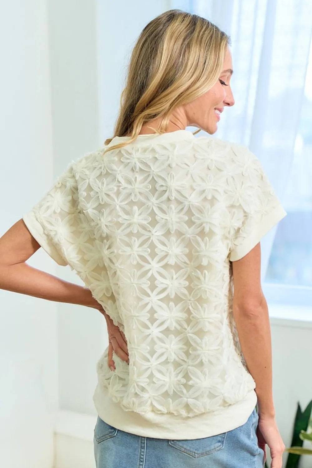 First Love 3D Mesh Flower Round Neck Short Sleeve Top - Lilixa.store