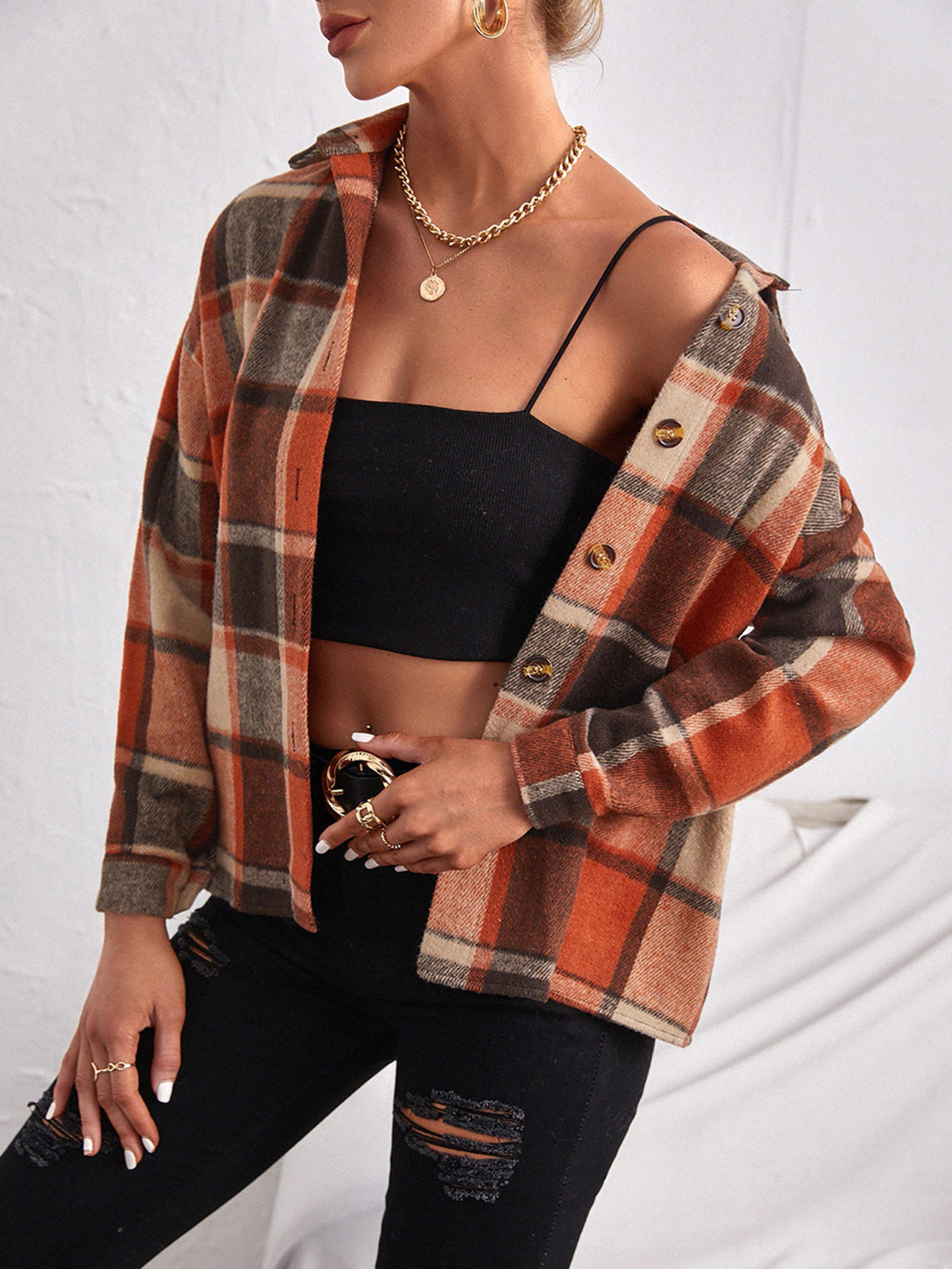 Plaid Collared Neck Button Down Jacket, view 2