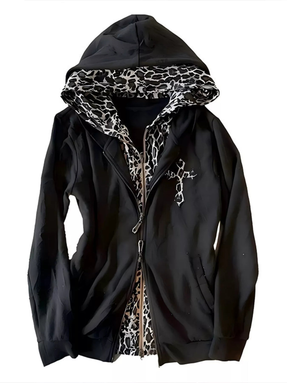 Gothic Cross Leopard Lined Zip-Up Hoodie - Lilixa.store