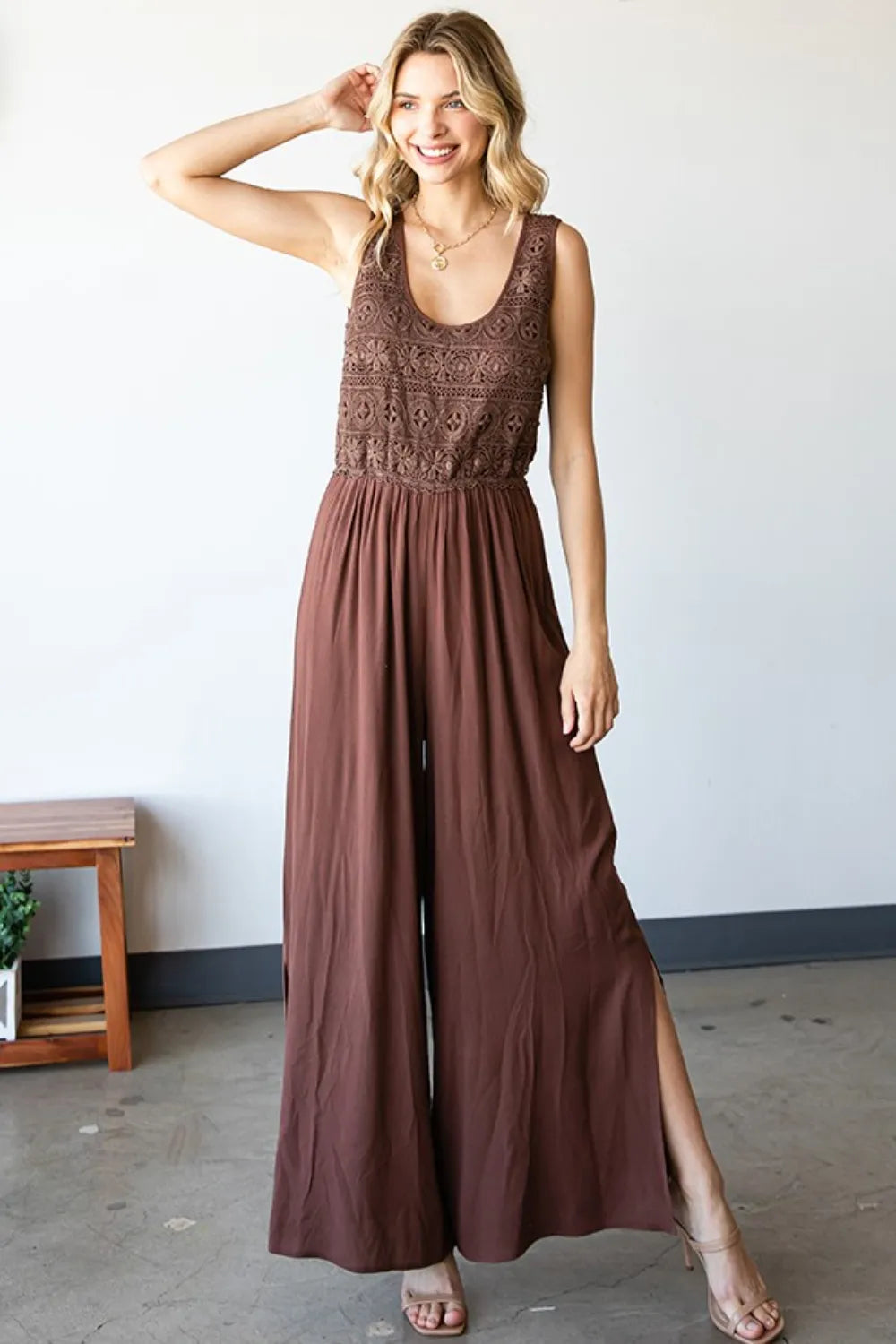 First Love Tie Back Sleeveless Slit Wide Leg Jumpsuit - Lilixa.store