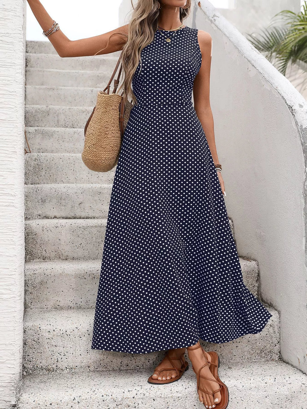 Sleeveless Polka Dot Maxi Dress, view 9