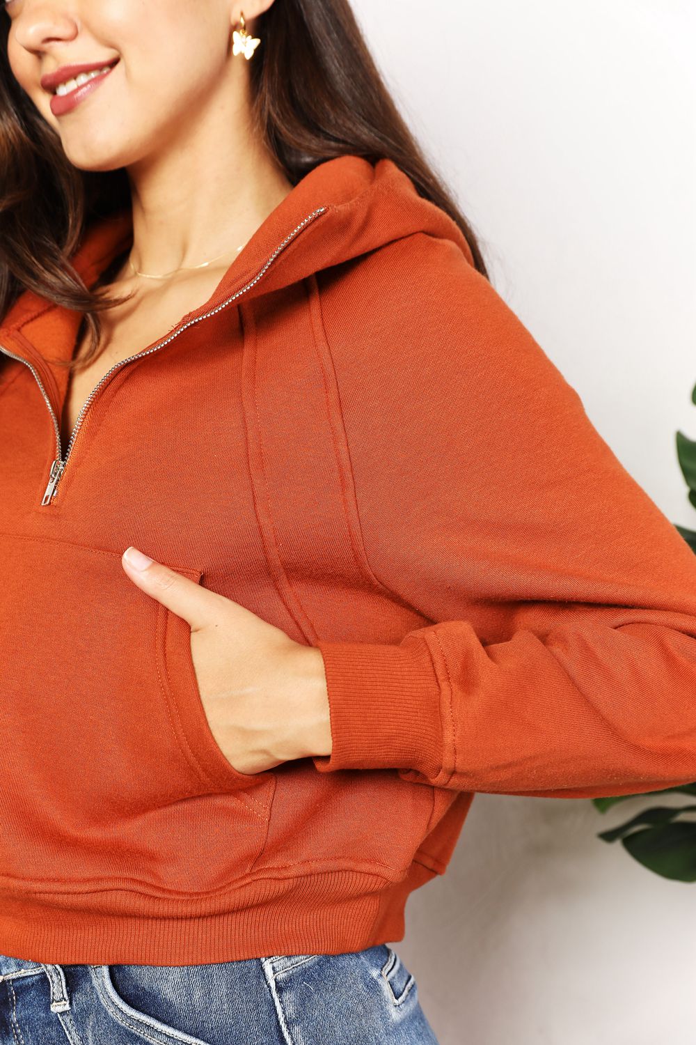 Double Take Half-Zip Long Sleeve Cropped Hoodie - Lilixa.store