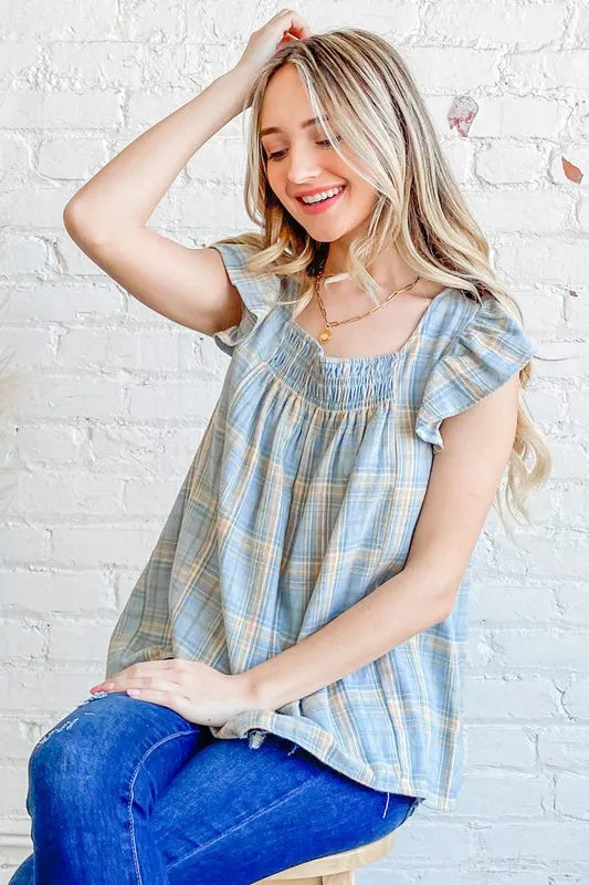 And The Why Plaid Print Smocked Detail Ruffle Baby Doll Top - Lilixa.store
