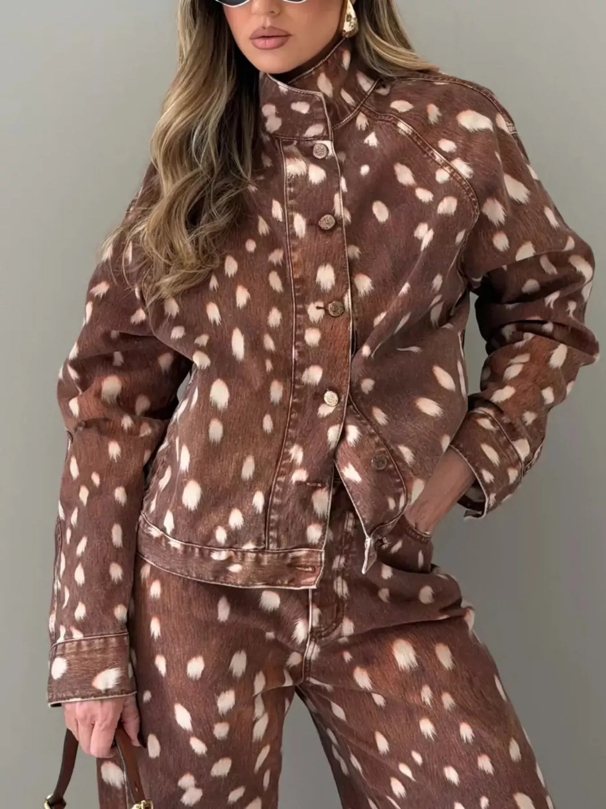 Fawn-Print Button Down Denim Jacket in Dark Brown