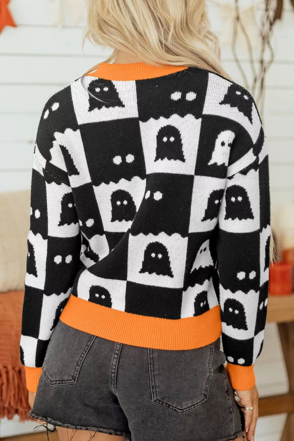 Halloween Ghost Pattern Checkerboard Sweater - Lilixa.store