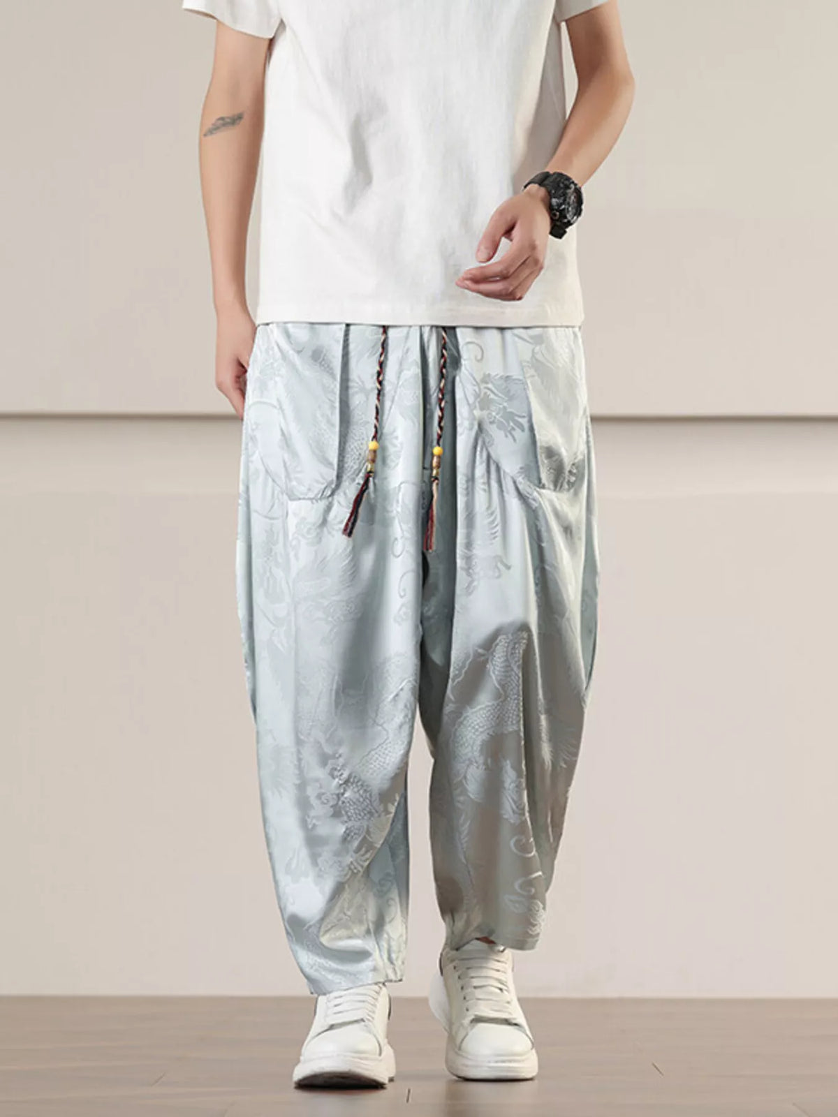 Men's Plus Size Dragon Pattern Harem Pants in Light Gray