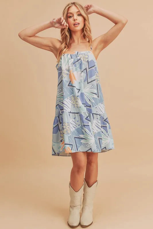 Aemi + Co Printed Ruffled Hem Square Neck Mini Cami Dress in Light Blue