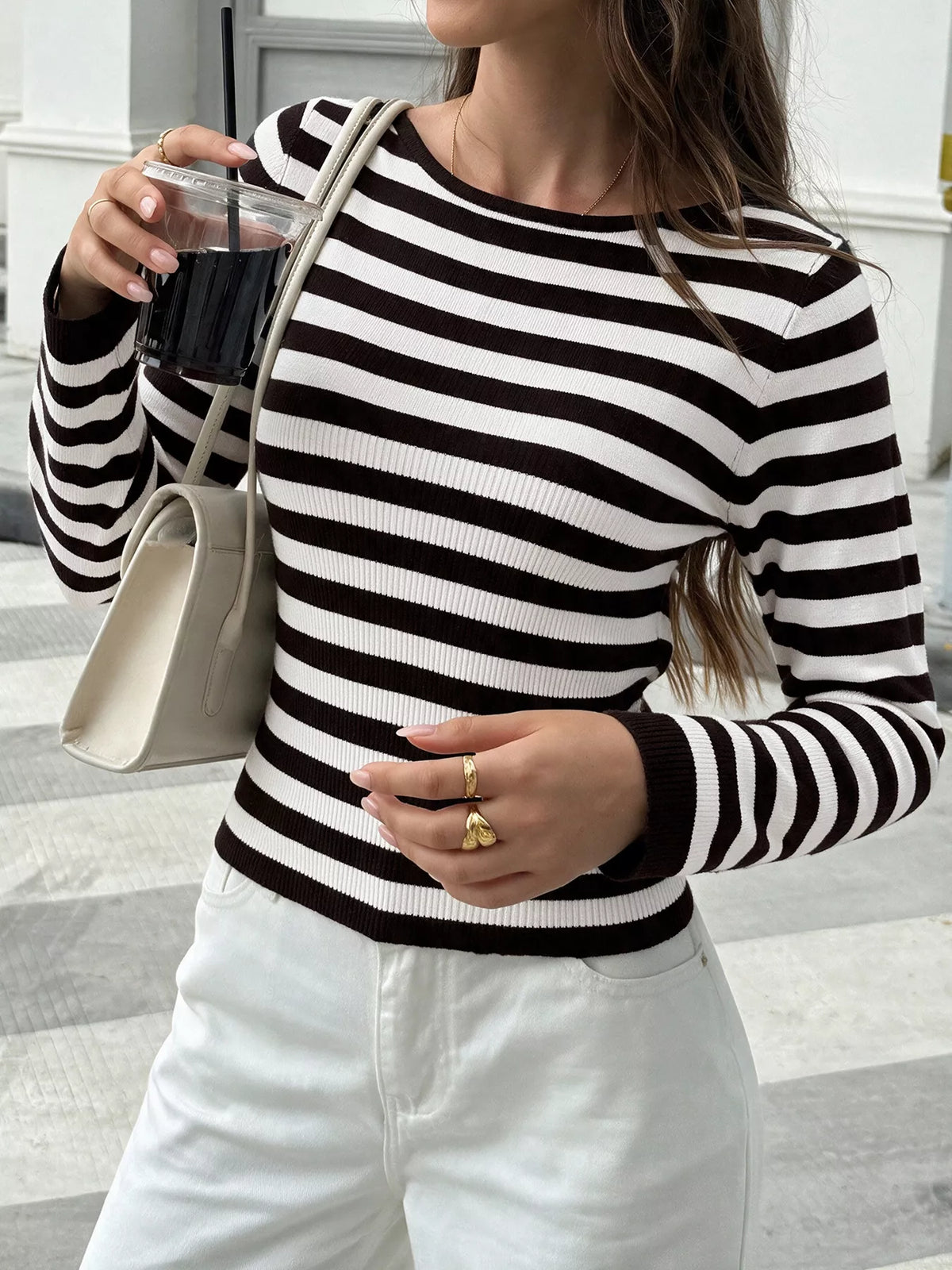 Striped Long Sleeve Knit Top in Black, view 2