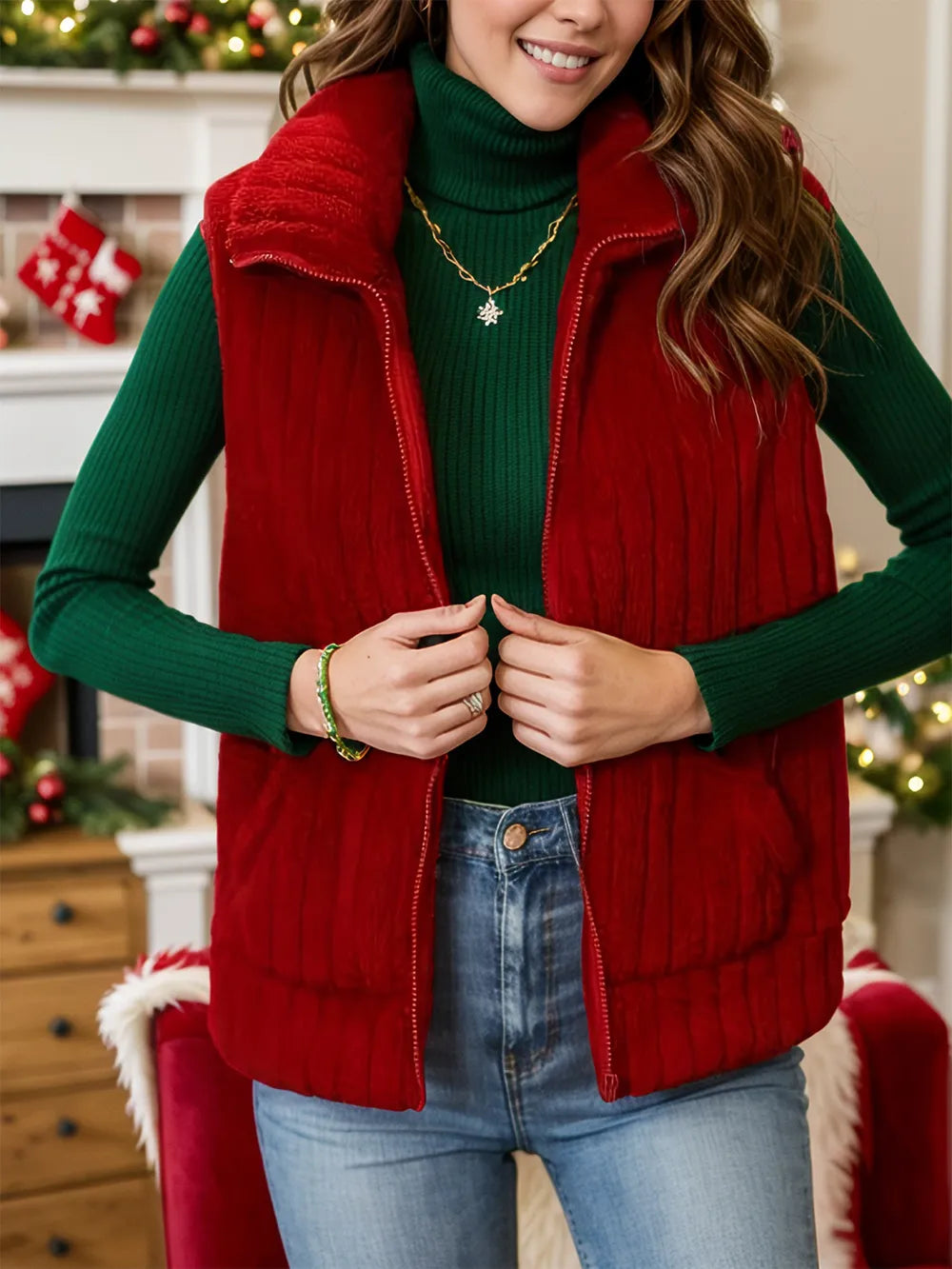 Pocketed Zip Up Vest Coat in Rust