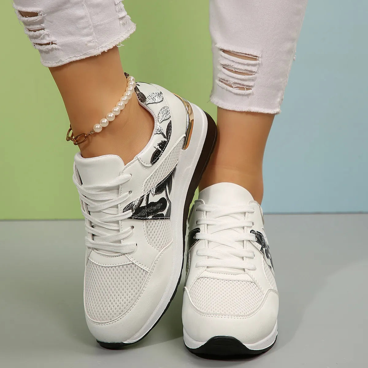 Floral Mesh Wedge Athletic - Lilixa.store