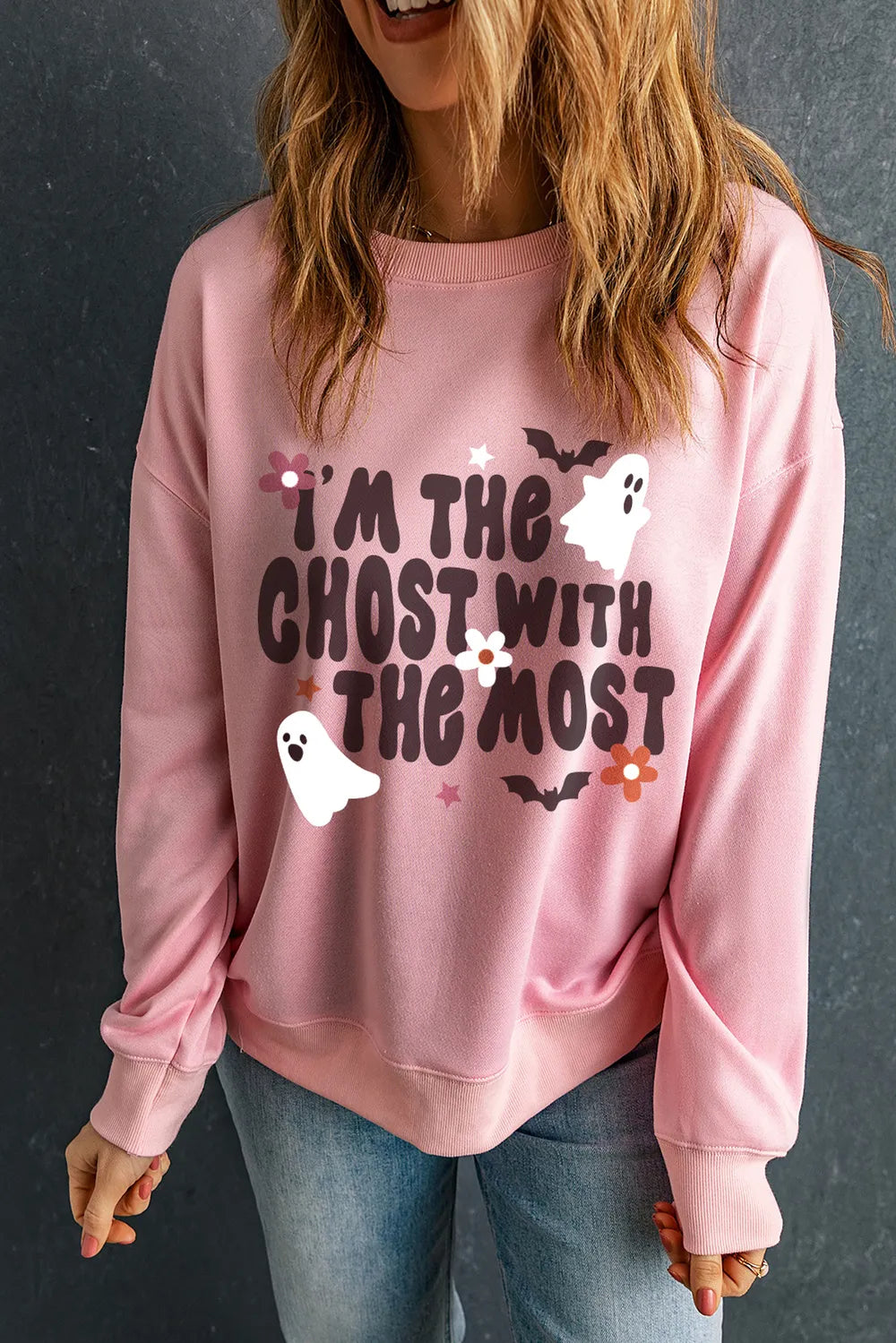 Graphic Round Neck Long Sleeve Sweatshirt in Blush Pink, view 2