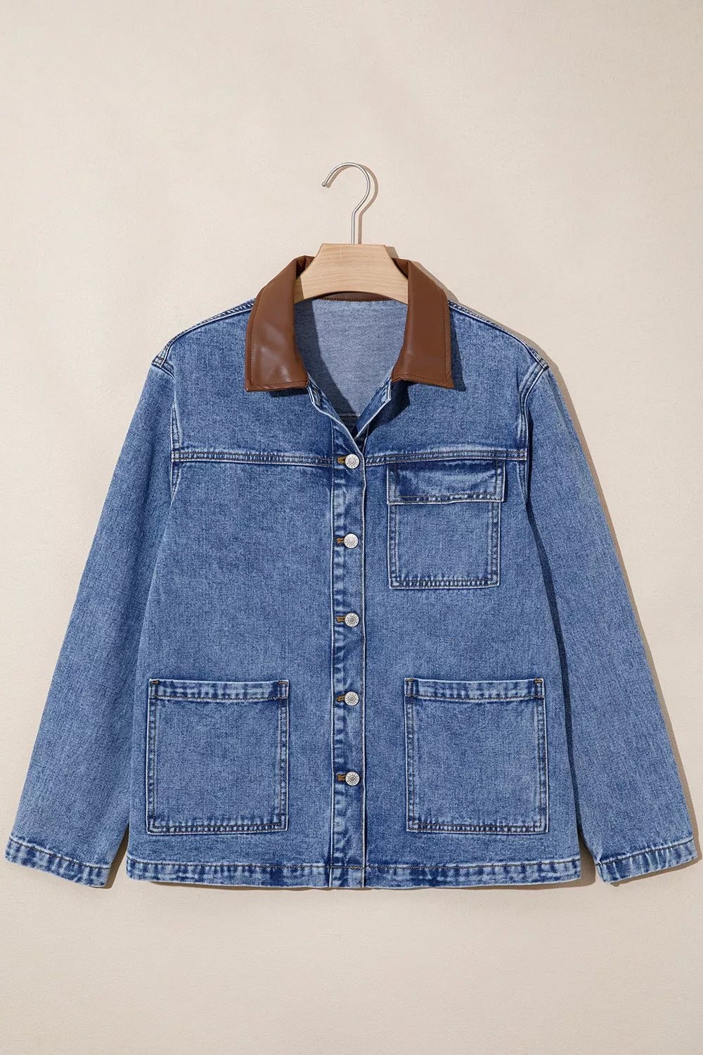 Patchwork Leather Collar Long Sleeve Denim Jacket in Dusty Blue, view 3
