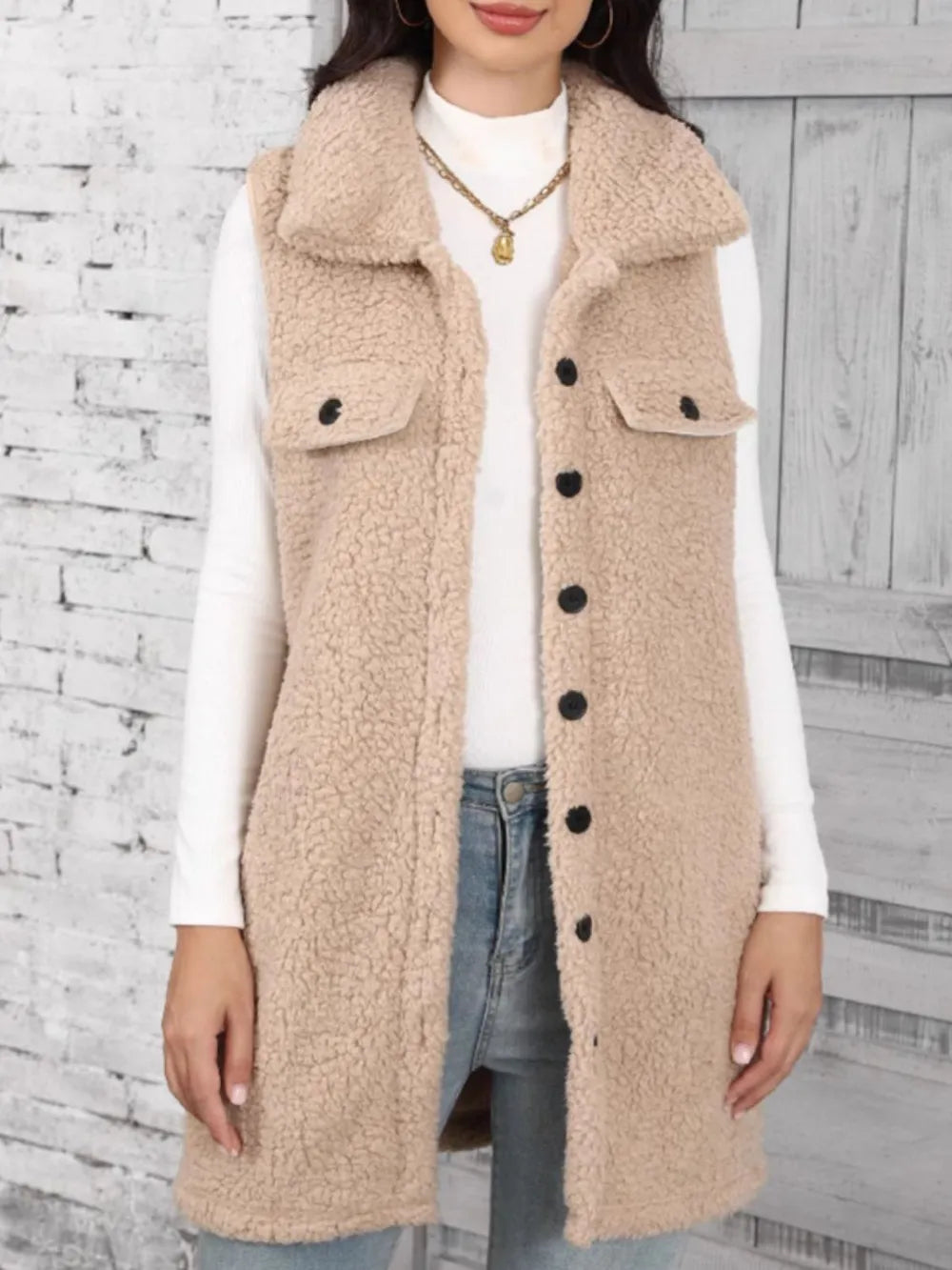Button Up Teddy Vest Coat in Tan