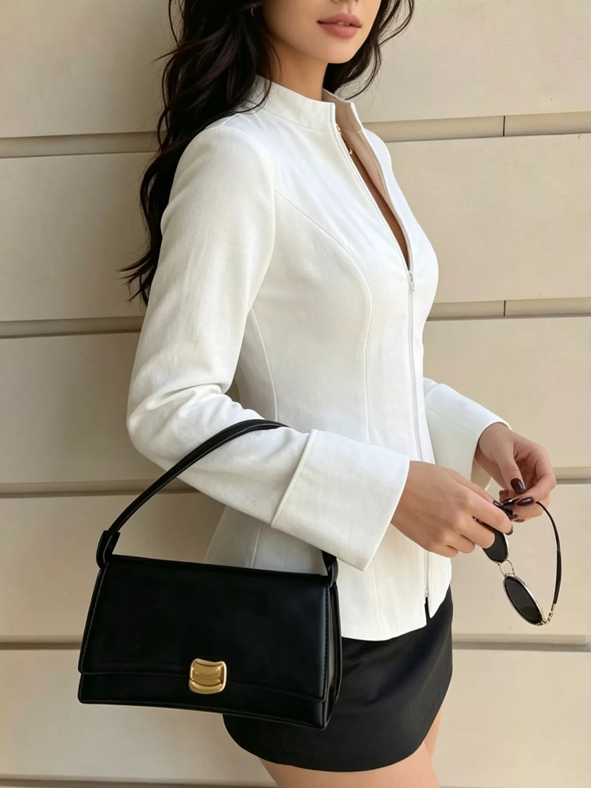 Zip Up Long Sleeve Top in Ivory, view 4