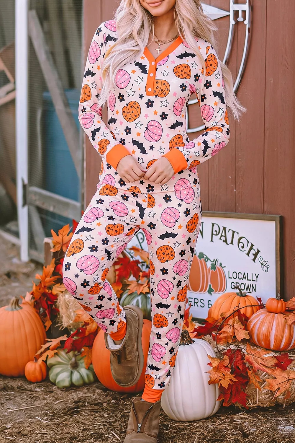 Halloween Pumpkin Print Long Sleeve Home Wear Lounge Set - Lilixa.store