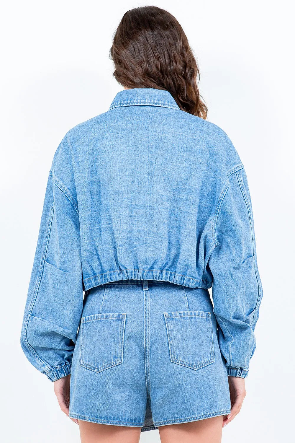 American Bazi Drawstring Waist Crop Denim Jacket - Lilixa.store