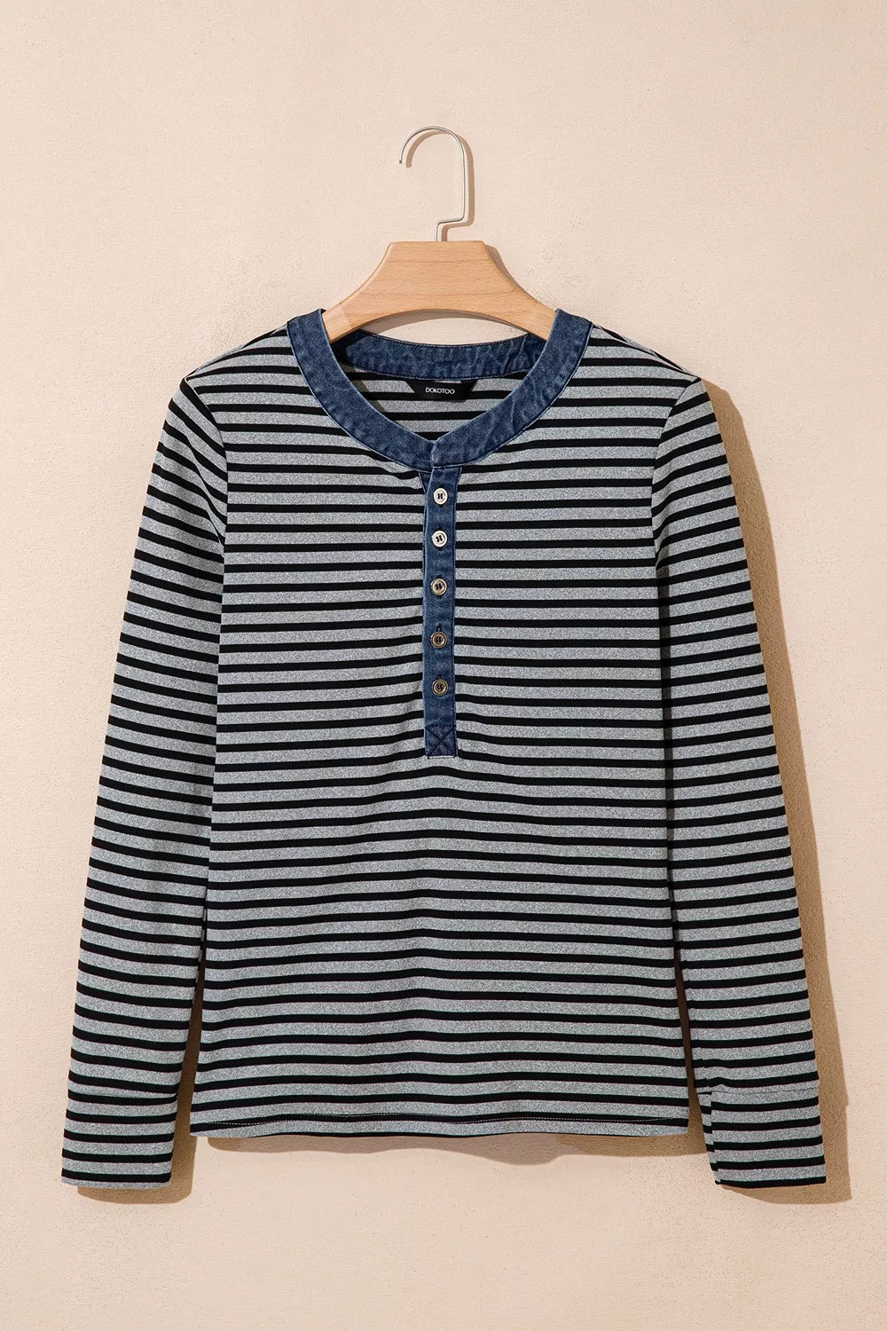 Stripe Denim Contrast Collar Half Button Long Sleeve Top - Lilixa.store