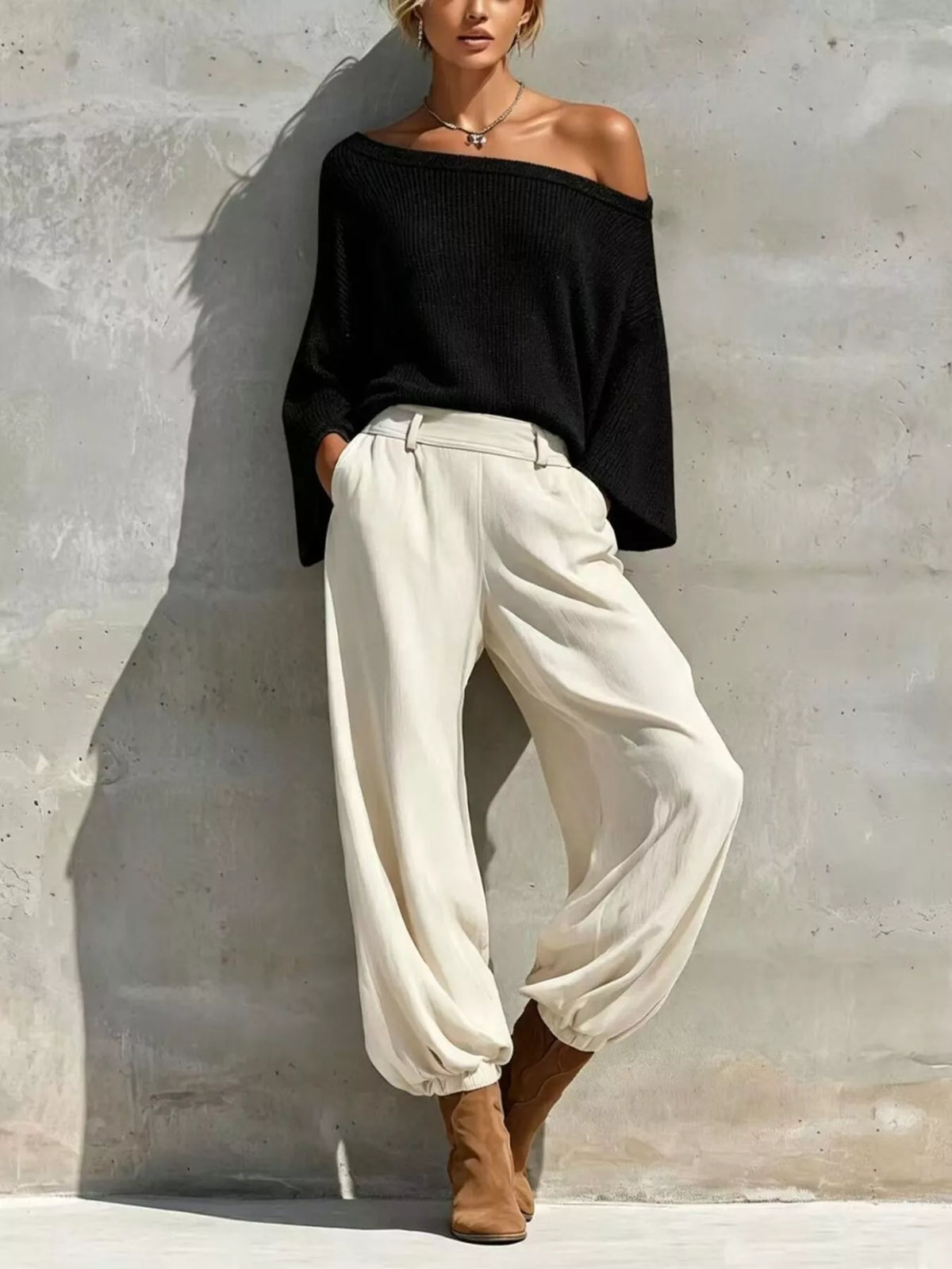One-Shoulder Knit Top and High-Waisted Pants Set in Black
